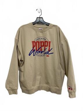 Poppi World Beige Tan Crewneck Sweatshirt with Cherry Sleeve Embroidery Large